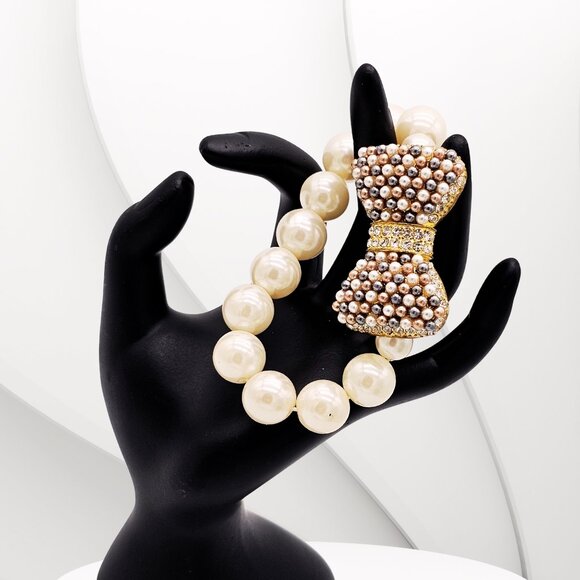 Pearl Stretch Bracelet w/ Large Pave Bow, Gold-Tone Rhinestone Center, Statement - Picture 3 of 10